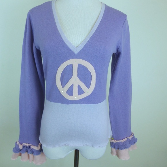DEBORAH LINDQUIST rare CASHMERE PEACE SWEATER M one of a kind designer v neck - Picture 2 of 8